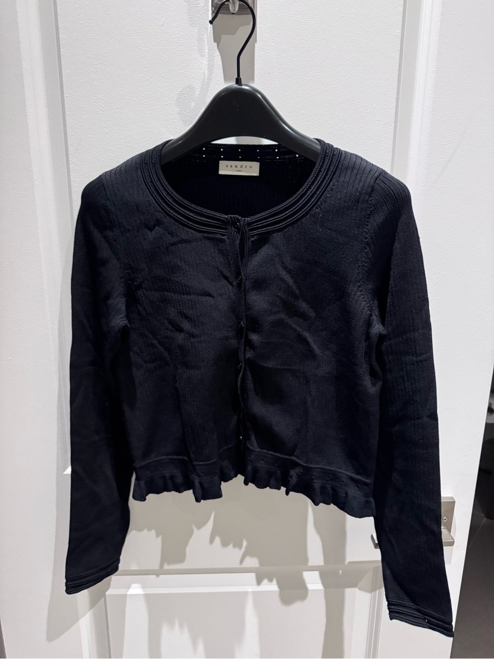 Sandro Black Ruffle-Hem Knit Cardigan